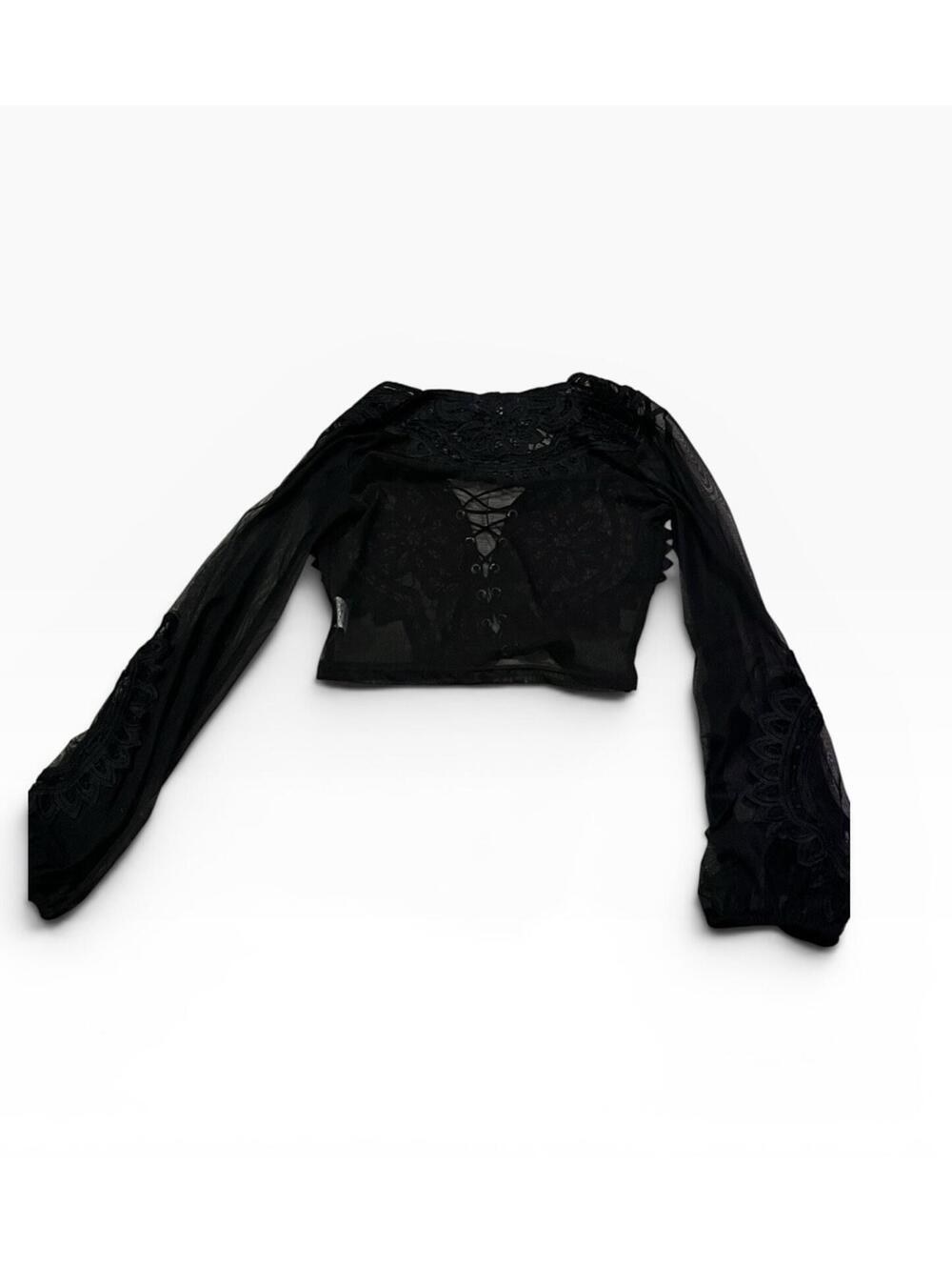 Hot & Delicious Black Lace Up Crop Top Sheer Y2K M